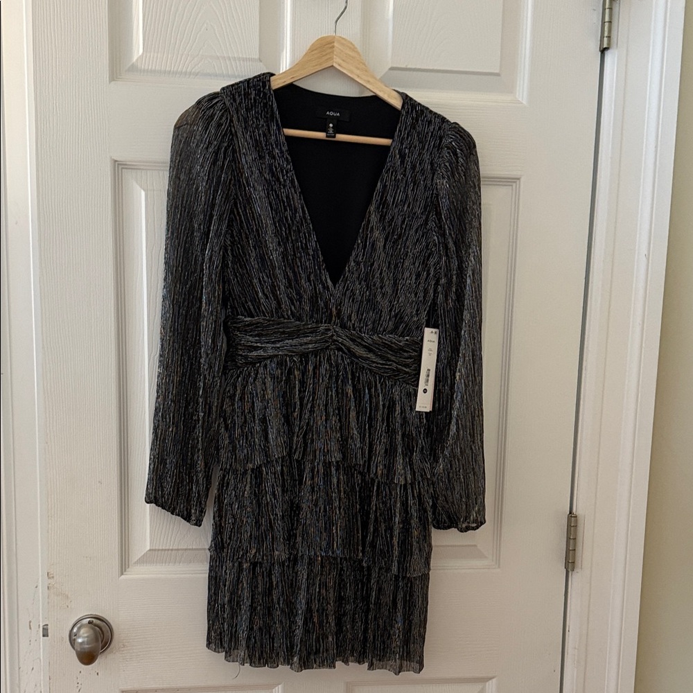 Aqua Charcoal Long Sleeve Tiered Dress